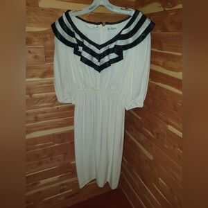 Vintage 80s White Midi Dress with Black Trim V-Neck by Morton Myles
